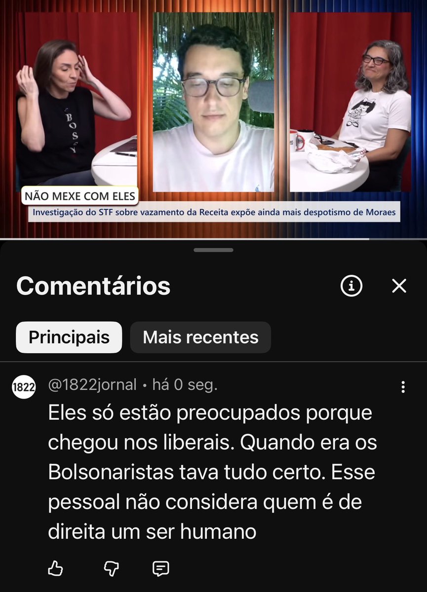 Fiz um comentário no canal <a href="/RivoNews_/">RivoNews</a> para a 
￼<a href="/ceciliaflesch/">Cecilia Flesch</a> e o <a href="/gabrielswainer/">Gabriel Wainer 🇧🇷✡️</a>

Porque é exatamente isso. Quando o Eli Vieira e o David Ágape foram lá no programa, nem todos os documentos e provas sobre os absurdos, as prisões ilegais e até as torturas que o imperador cometeu