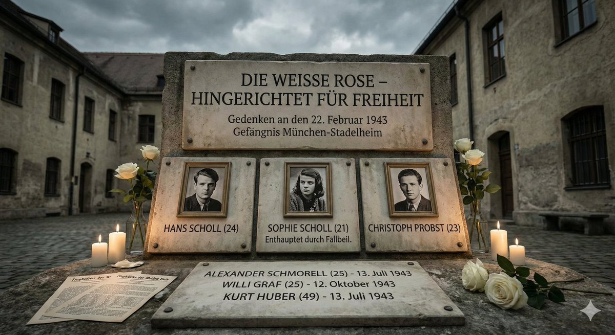 Heute vor 83 Jahren (22.02.1943) wurden Sophie &amp; Hans Scholl sowie Christoph Probst vom NS-Regime hingerichtet. Der Mut der #WeißeRose im Kampf für Freiheit und gegen Diktatur bleibt unvergessen. Ein Vorbild für #Zivilcourage. 🤍🕊️