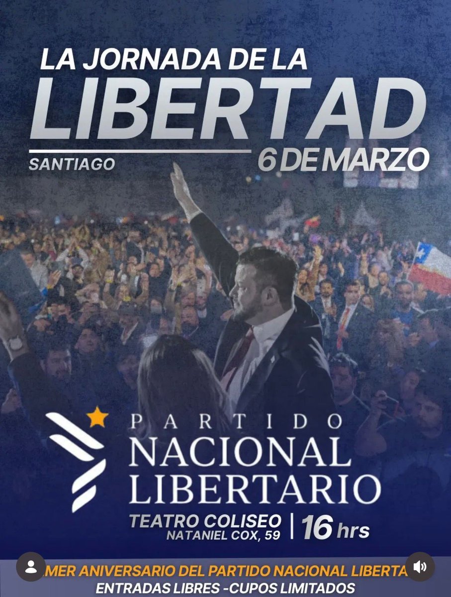 🇨🇱 Queridos militantes:
Este 6 de marzo celebramos el 1er aniversario del Partido Nacional Libertario 🇽🇰 Un año de convicción y compromiso con Chile.
📍 Nataniel Cox 59, 16:00 hrs
🎥 También vía transmisión nacional
<a href="/rodolfo_garciac/">Rodolfo García 🇨🇱</a> <a href="/LucianoSVT/">Luciano Valenzuela</a> <a href="/pnl_distrito11/">PNL Distrito 11</a> 
¡Nos vemos!🇨🇱