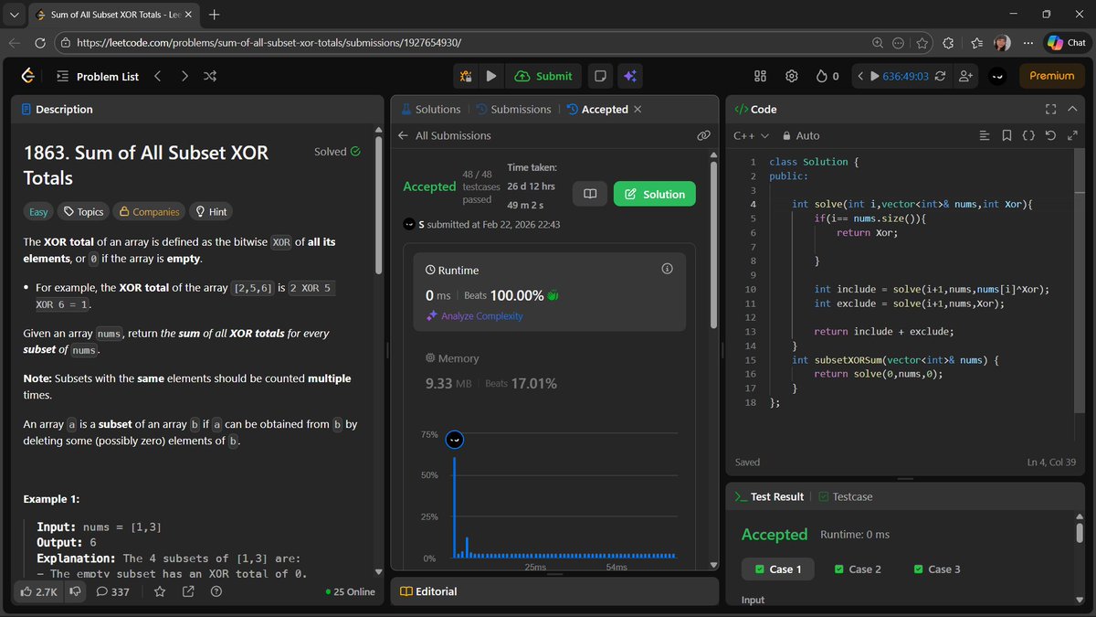 's tweet image. Day 125: Sum of All Subset XOR Totals
Backtracking
Include / Exclude each element
Add XOR when reaching end
#LeetCode #Recursion #BitManipulation