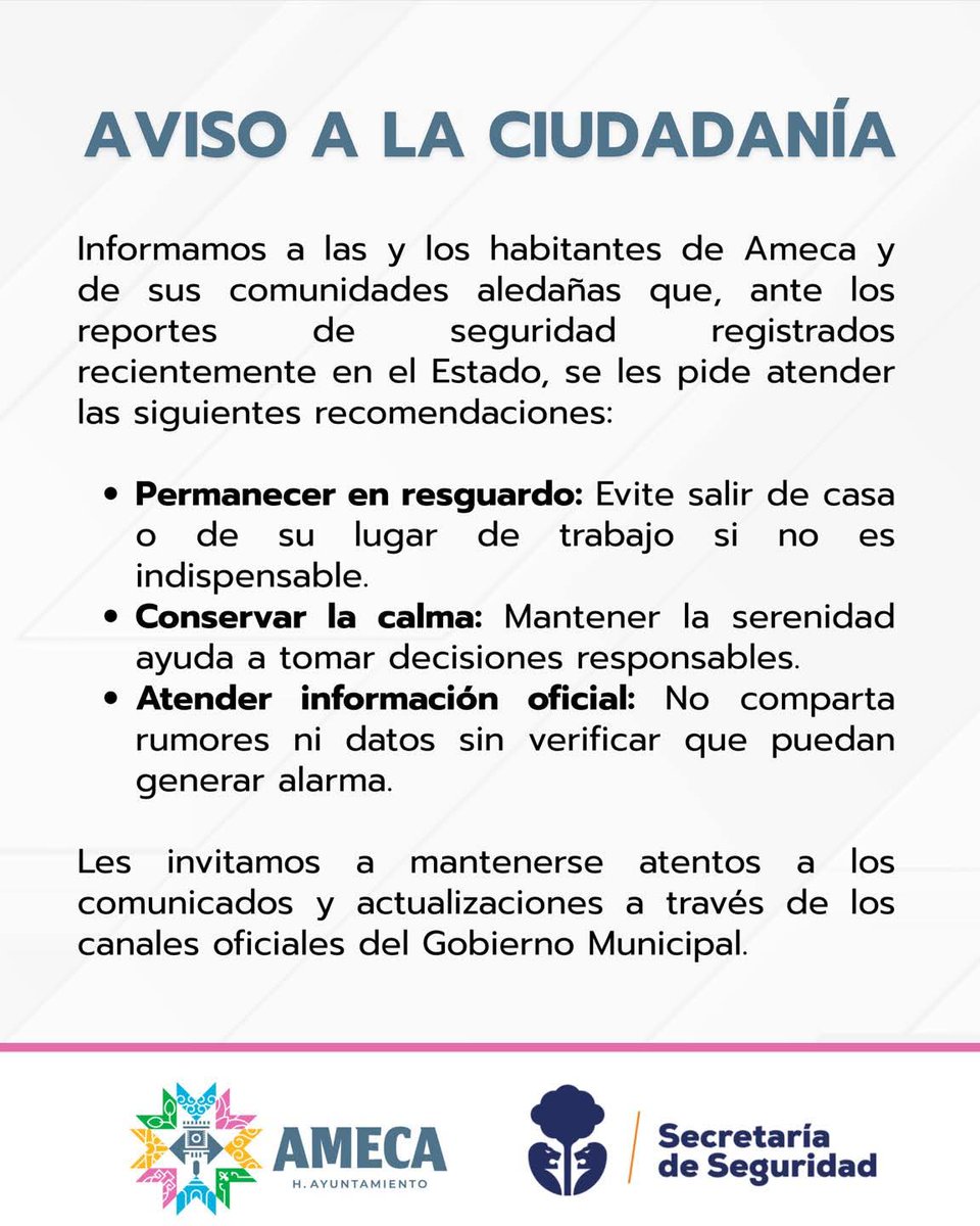Debido a los acontecimientos derivados de los operativos de seguridad en el estado, la #UdeG hace un llamado a la prevención.

👉 Sintoniza:<a href="/CANAL44TV/">Canal 44</a> y  <a href="/RadioUdeG/">Radio Universidad de Guadalajara</a> . 
👉 Web: udgtv.com 
👉 Redes: x.com/CANAL44TV