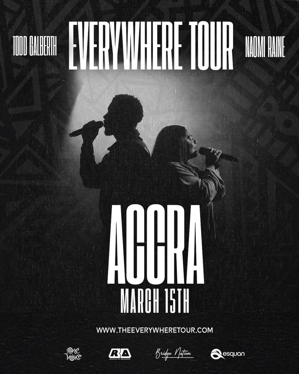 GhanaNdwom's tweet photo. Naomi Raine & Todd Galberth are bringing The Everywhere Tour to Ghana for the very first time! ๐ฌ๐ญ
๐
March 15th โ mark your calendars.
This isnโt just a concertโฆ itโs a worship encounter.
๐๏ธ Full details available at https://t.co/EUZI1bM28Y #everywheretour #worship https://t.co/8Hgnu2cJwA