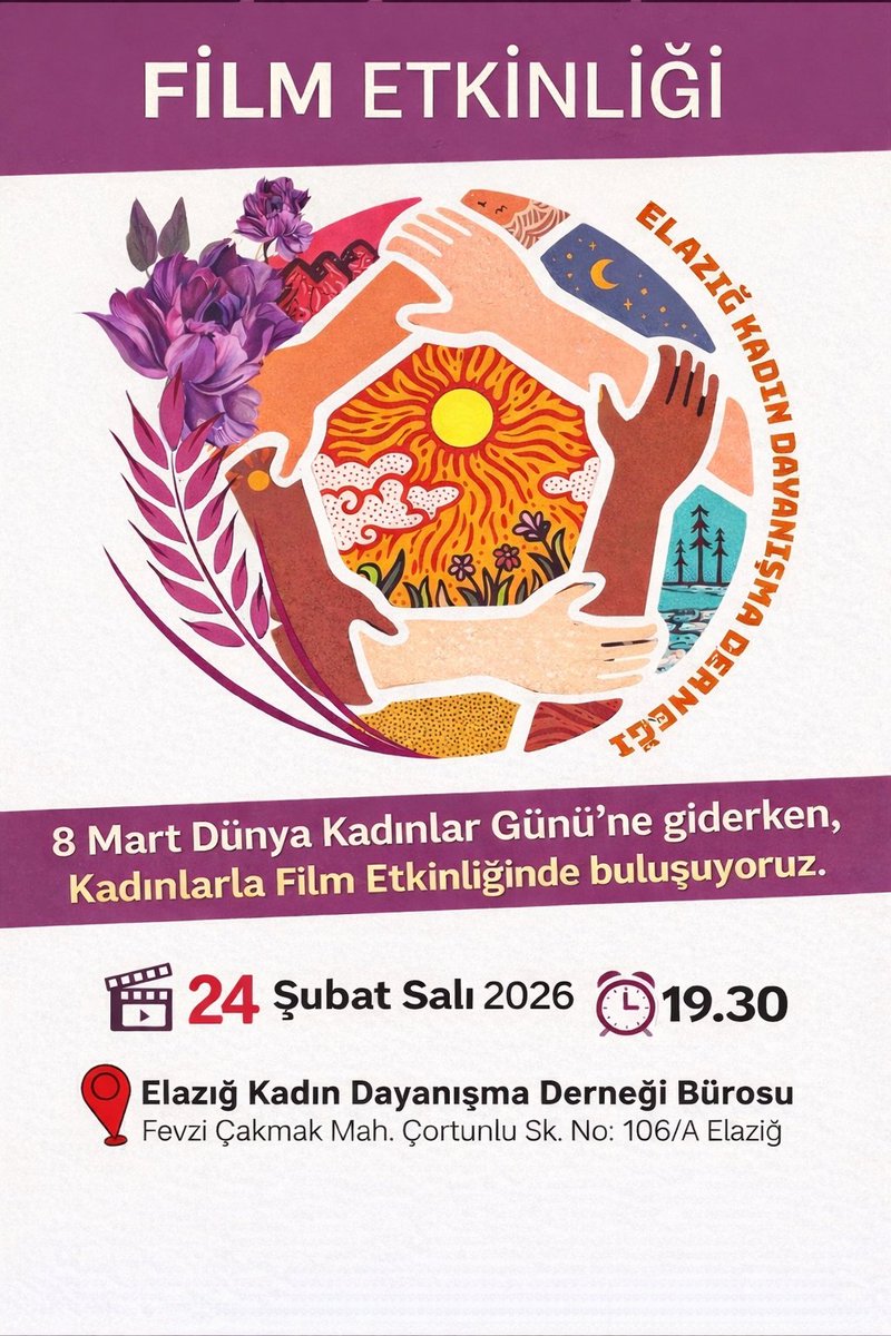 8 Mart Dünya Kadınlar Günü'ne girerken Kadınlarımız ile Film etkinliğinde bir araya geliyoruz. Elzığ'dantüm Kadınlar davetlimizdir 
#8martdünyakadınlargünü 
#kadınyaşamözgürlük