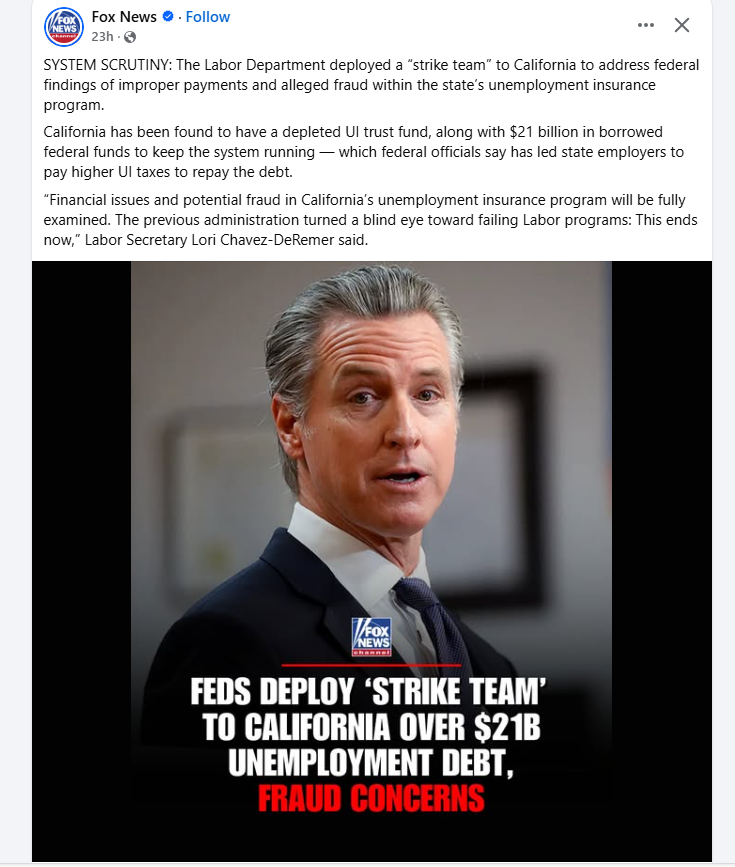 Vsurryhne's tweet photo. I would say that Governor Gruesome Newsom has a lot of explaining to do not only to the Federal Government but also to California employers and employees who are laid off and depend on UI funds to get by while they're looking for employment.

Governor Gruesome Newsom wants to be President, supposedly dreamed that he was met to save the Nation, when in reality he can't even save his own state of California.