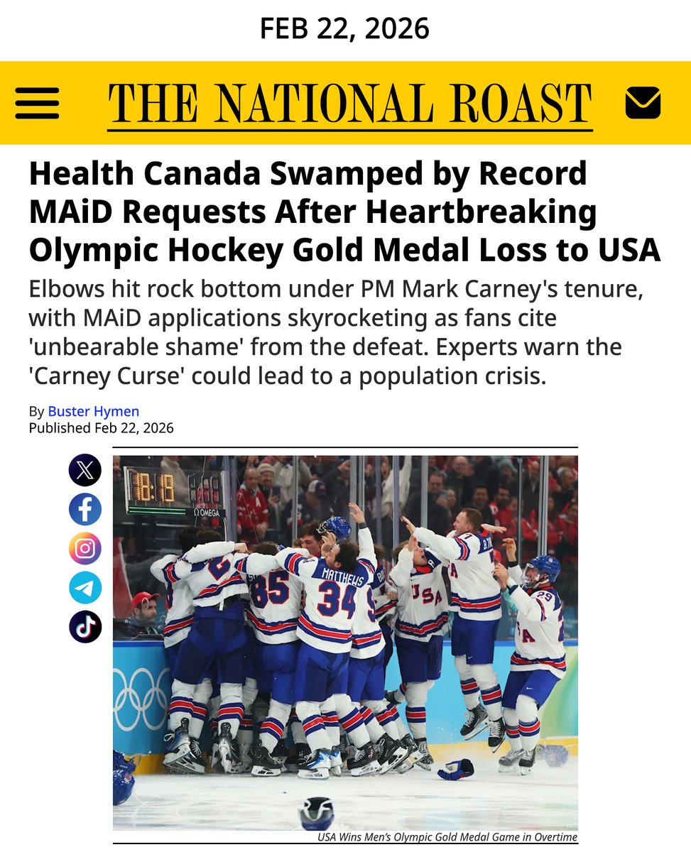 NationalRoast's tweet image. BREAKING: Health Canada Inundated By Record MAiD inquiries Following Gold Medal Loss
