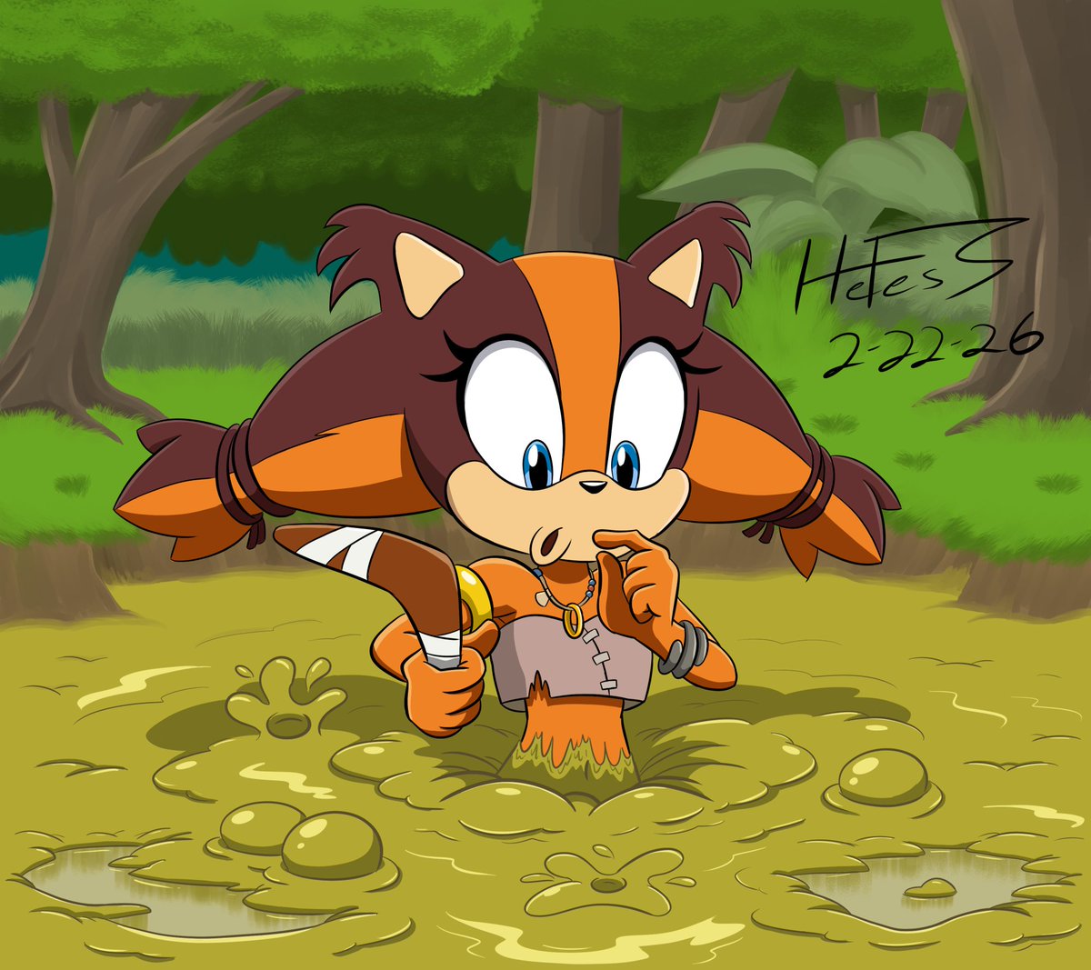 Hefess_Skadoosh's tweet photo. Celebrating my anniversary with a remake of the first quicksand drawing I've ever posted!

Sticks the Badger of #SonicTheHedgehog literally lands herself in quite a predicament, though she looks more curious than scared, being a warrior of the forest.

OG left/Remake right ;p https://t.co/A54lh8YnCN
