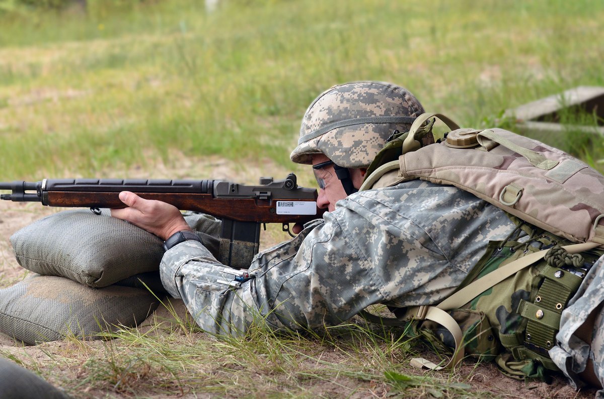 Oregon Army National Guard Soldier using an M14 battle rifle during a competition, 2018 period.