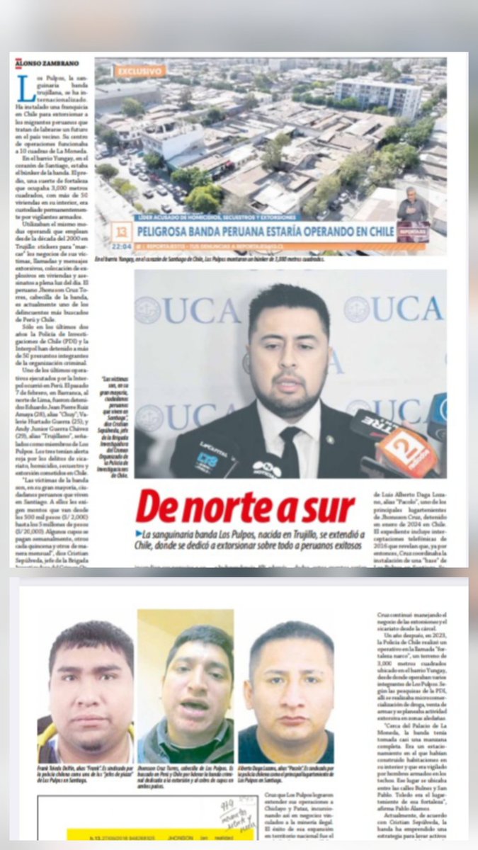 ensustrece's tweet photo. En #Hildebrandt @ensustrece: DE NORTE A SUR por @azambranox. La sanguinaria banda Los Pulpos, nacida en Trujillo, se extendió a Chile, donde se dedicó a extorsionar sobre todo a peruanos exitosos. El reportaje en https://t.co/ofhuiX1sZu. https://t.co/hCmUxlfuxF