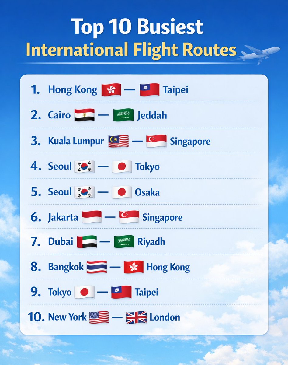 data_globe's tweet image. Top 10 Busiest International Flight Routes:

Hong Kong 🇭🇰 — 🇹🇼 Taipei
Cairo 🇪🇬 — 🇸🇦 Jeddah
Kuala Lumpur 🇲🇾 — 🇸🇬 Singapore
Seoul 🇰🇷 — 🇯🇵 Tokyo
Seoul 🇰🇷 — 🇯🇵 Osaka
Jakarta 🇮🇩 — 🇸🇬 Singapore
Dubai 🇦🇪 — 🇸🇦 Riyadh
Bangkok 🇹🇭 — 🇭🇰 Hong Kong
Tokyo 🇯🇵 — 🇹🇼 Taipei
New York 🇺🇸 — 🇬🇧 London