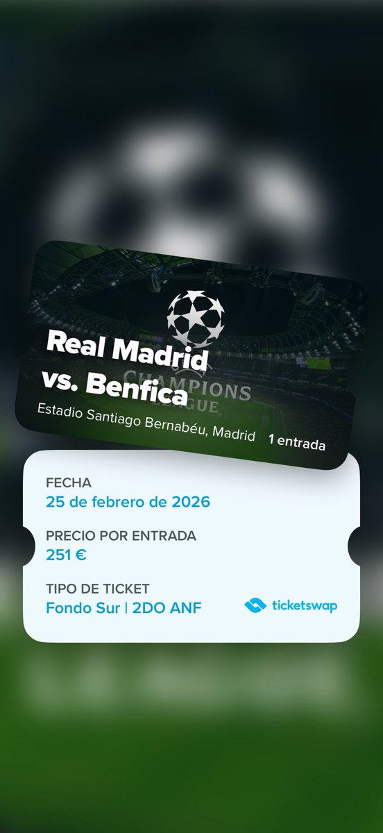 notafari16's tweet photo. 1 entrada/ticket Real Madrid vs Benfica 
F.Sur 2º Anfiteatro 
#ChampionsLeague2026 pago seguro safe purchase ⤵️

https://t.co/MNviffX915 https://t.co/kM8DweOqG3