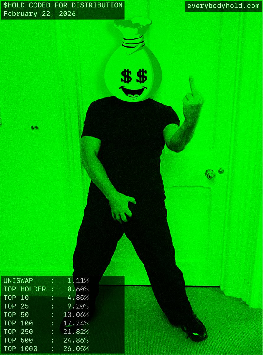 $HOLD was launched as a big fuck you to every scam, rug, sniper dump, insider manipulation that treats retail like exit liquidity.

<a href="/everybodyholdX/">EVERYBODY $HOLD CTO 💰💹</a> is a pure meme, no dev/team bags.

🟢 Fair distribution → top wallet 0.6%
🟢 72% supply bought/burned → 1% supply left
🟢 2+ years