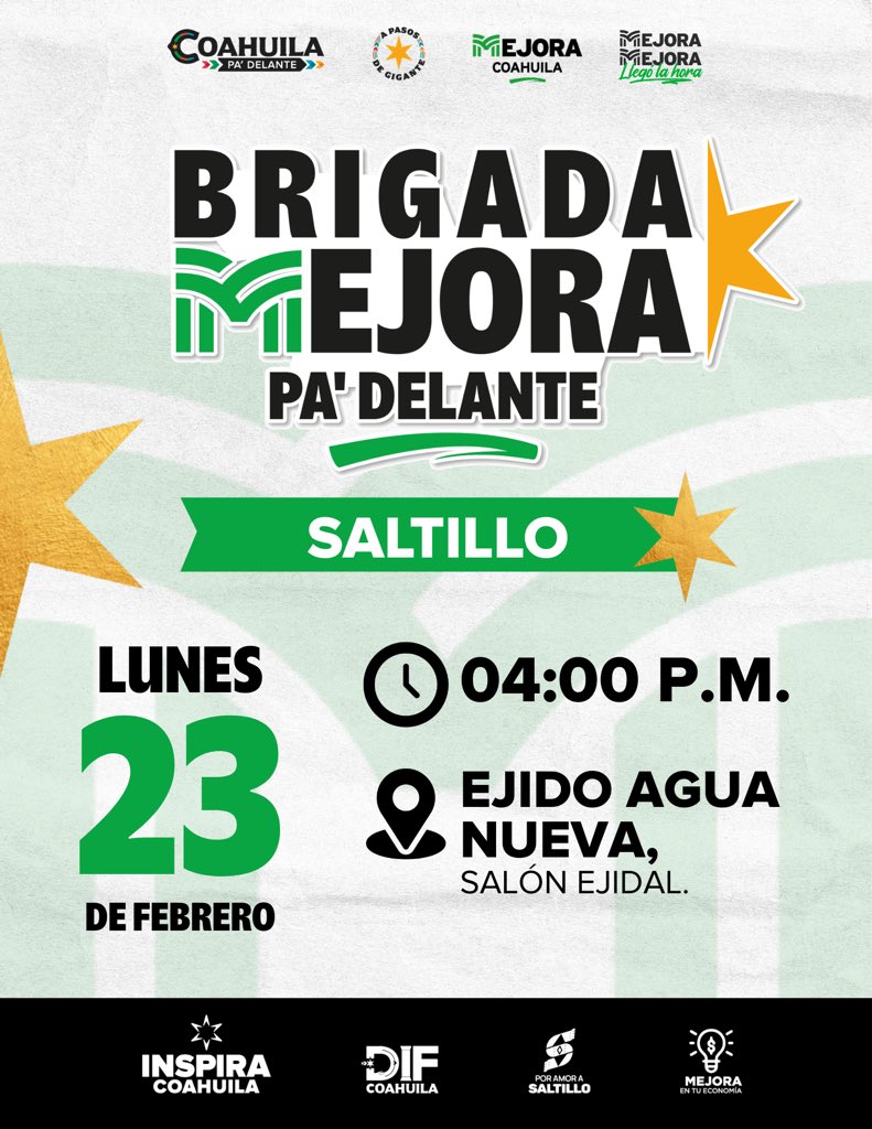 La Brigada Mejora Pa' Delante más cerca de ti, ahora en el Ejido Agua Nueva en #Saltillo. ¡Te esperamos!

#CoahuilaPaDelante #APasosDeGigante #MejoraEnTuColonia