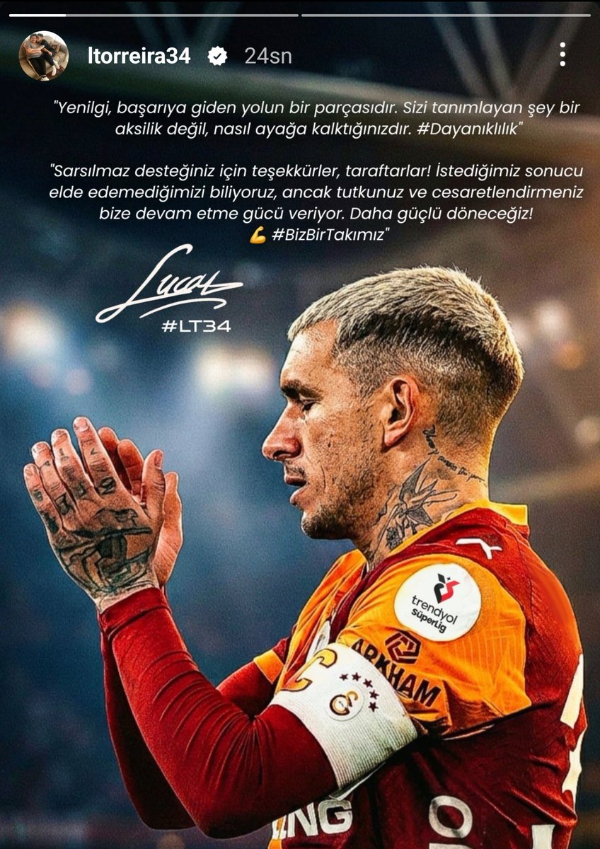 forzacimbom's tweet photo. Kaptanlarımızdan Lucas Torreira: "Yenilgi, başarıya giden yolun bir parçasıdır. Sizi tanımlayan şey bir aksilik değil, nasıl ayağa kalktığınızdır.

Sarsılmaz desteğiniz için teşekkürler! İstediğimiz sonucu elde edemediğimizi biliyoruz, ancak tutkunuz ve cesaretlendirmeniz bize devam etme gücü veriyor. Daha güçlü döneceğiz!"