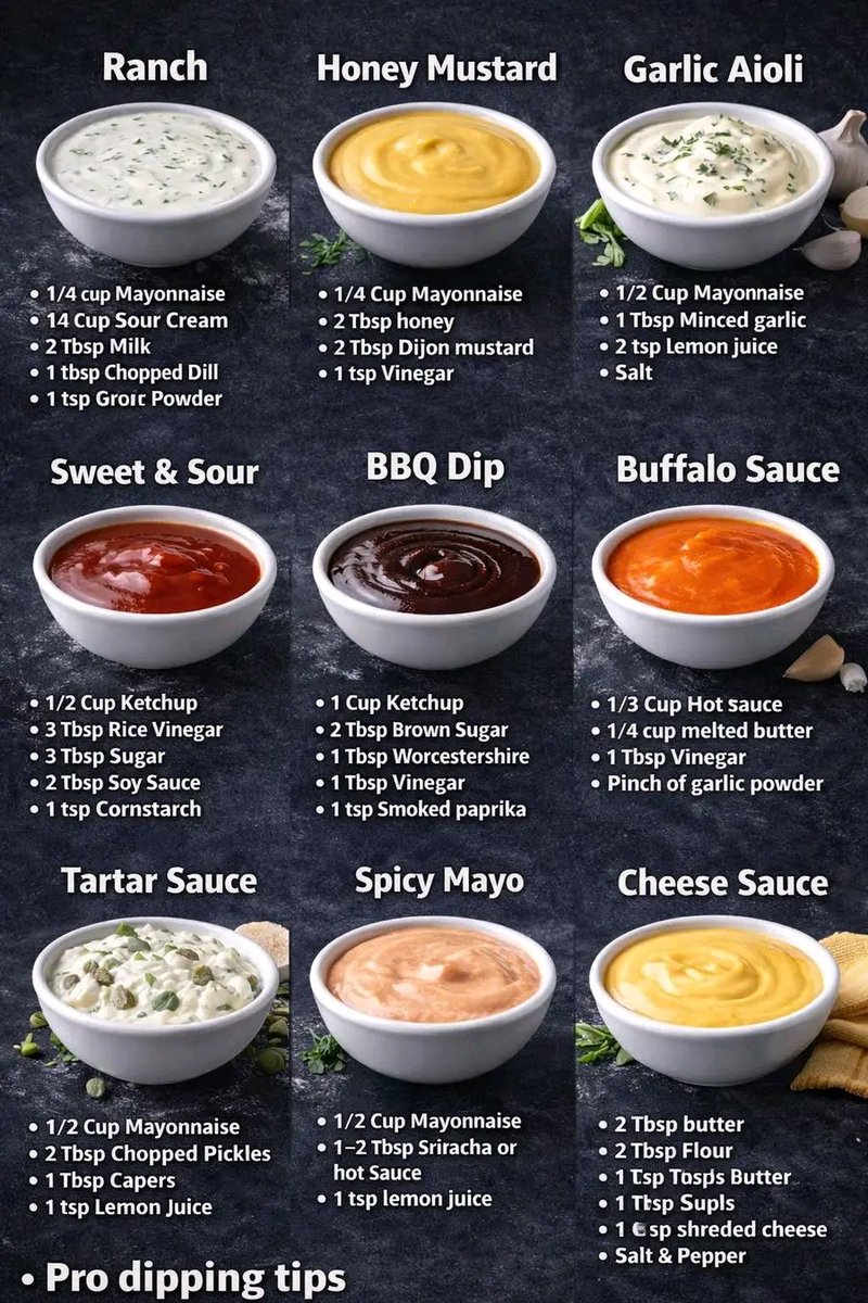 DrPaiwanFan's tweet photo. 🥣 1️⃣ Ranch Dip

Ingredients
 • 1/4 cup mayonnaise
 • 1/4 cup sour cream
 • 2 tbsp milk
 • 1 tbsp chopped dill
 • 1 tsp garlic powder
 • Salt & pepper

Instructions
 1. Mix all ingredients in a bowl.
 2. Chill 15–30 minutes before serving.

🍯 2️⃣ Honey Mustard

Ingredients
 • 1/4 cup mayonnaise
 • 2 tbsp honey
 • 2 tbsp Dijon mustard
 • 1 tsp vinegar

Instructions
 1. Whisk everything until smooth.
 2. Taste and adjust sweetness.

🧄 3️⃣ Garlic Aioli

Ingredients
 • 1/2 cup mayonnaise
 • 1 tbsp minced garlic
 • 2 tsp lemon juice
 • Salt

Instructions
 1. Mix ingredients well.
 2. Let sit 10 minutes for flavor.

🍅 4️⃣ Sweet & Sour Sauce

Ingredients
 • 1/2 cup ketchup
 • 3 tbsp vinegar
 • 3 tbsp sugar
 • 2 tbsp soy sauce
 • 1 tsp cornstarch

Instructions
 1. Heat ingredients in pan.
 2. Stir until thickened.
 3. Cool before serving.

🍖 5️⃣ BBQ Dip

Ingredients
 • 1 cup ketchup
 • 2 tbsp brown sugar
 • 1 tbsp Worcestershire sauce
 • 1 tbsp vinegar
 • 1 tsp smoked paprika

Instructions
 1. Simmer ingredients 5 minutes.
 2. Cool and serve.

🔥 6️⃣ Buffalo Sauce

Ingredients
 • 1/3 cup hot sauce
 • 1/4 cup melted butter
 • 1 tbsp vinegar
 • Pinch garlic powder

Instructions
 1. Whisk warm ingredients together.
 2. Use immediately or store.

🐟 7️⃣ Tartar Sauce

Ingredients
 • 1/2 cup mayonnaise
 • 2 tbsp chopped pickles
 • 1 tbsp capers
 • 1 tsp lemon juice

Instructions
 1. Stir all ingredients.
 2. Chill before serving.

🌶️ 8️⃣ Spicy Mayo

Ingredients
 • 1/2 cup mayonnaise
 • 1–2 tbsp sriracha
 • 1 tsp lemon juice

Instructions
 1. Mix until smooth.
 2. Adjust spice level.

🧀 9️⃣ Cheese Sauce

Ingredients
 • 2 tbsp butter
 • 2 tbsp flour
 • 1 cup milk
 • 1 cup shredded cheese
 • Salt & pepper

Instructions
 1. Melt butter, whisk in flour.
 2. Add milk slowly until smooth.
 3. Stir in cheese until melted.