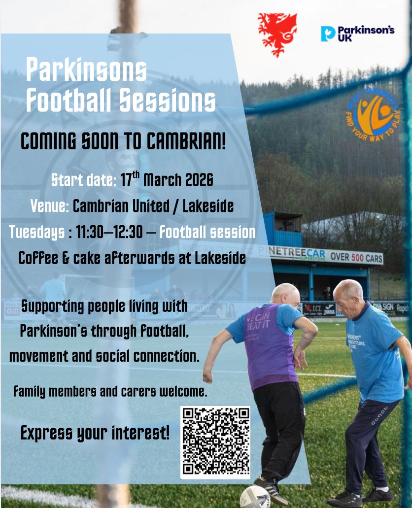 COMING SOON TO CAMBRIAN UNITED💙

We’re proud to be launching Parkinson’s Football Sessions at Cambrian United.

Starting Tuesday 17th March, these weekly sessions are designed to support people living with 
Parkinson’s through football, movement and social connection.

📅