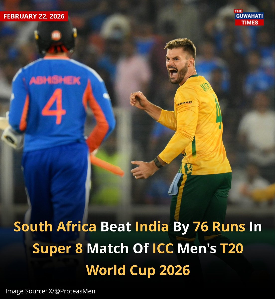 South Africa beat India by 76 runs in Super 8 Group 1 match of ICC Men's T20 World Cup 2026 at Narendra Modi Stadium in Ahmedabad on Sunday (February 22).

India lost their first match in the ICC Men’s T20 World Cup after 12 consecutive wins.

Read more:  facebook.com/share/182LhmqM…