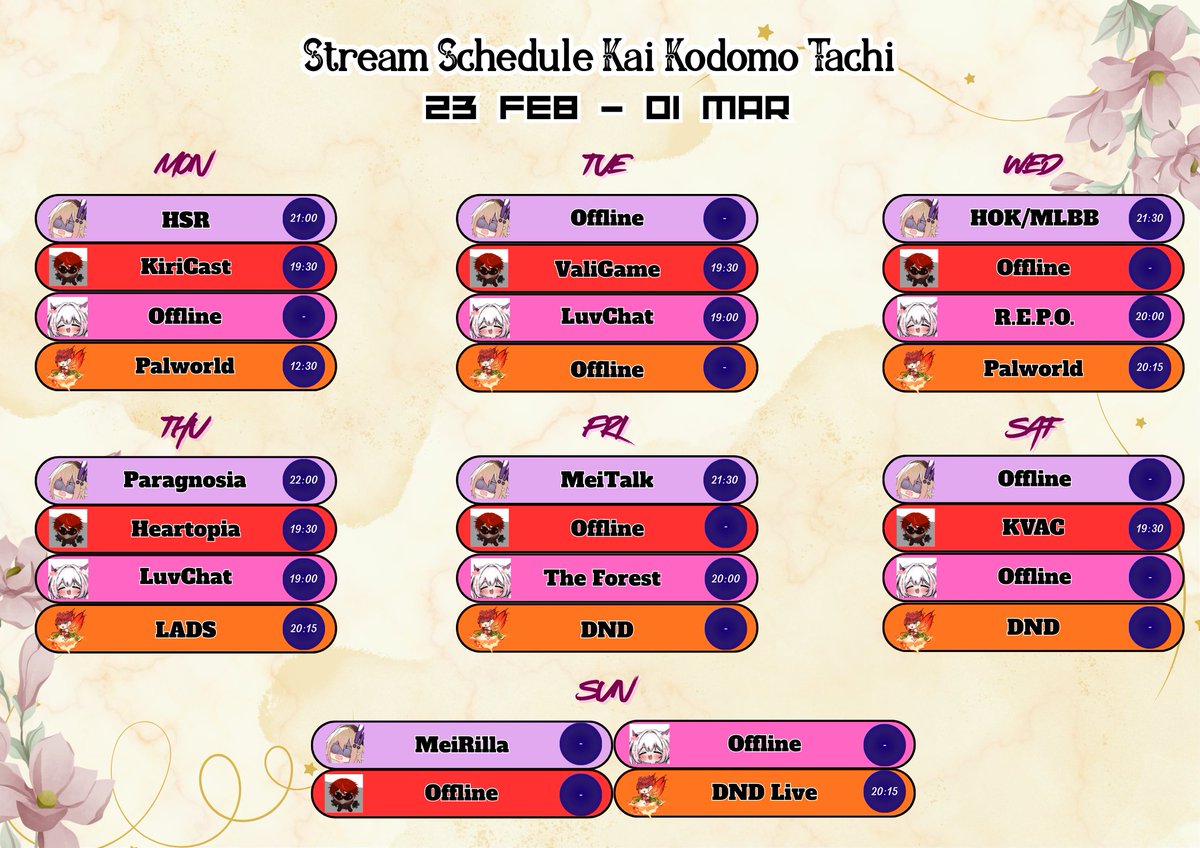 Stream Schedule Kai Kodomo Tachi

<a href="/KiroValiant/">Kiro Valiant</a> 
<a href="/amakimeira/">Amaki Meira</a> 
<a href="/Misaki__Yua/">Yua Misaki 美咲ユア 🧚🏻‍♀️🔥〔ODM VT〕</a> 
<a href="/KaylithLuvine/">Kaylith Luvine 𓆩💗𓆪 |【VTUBERID】</a>