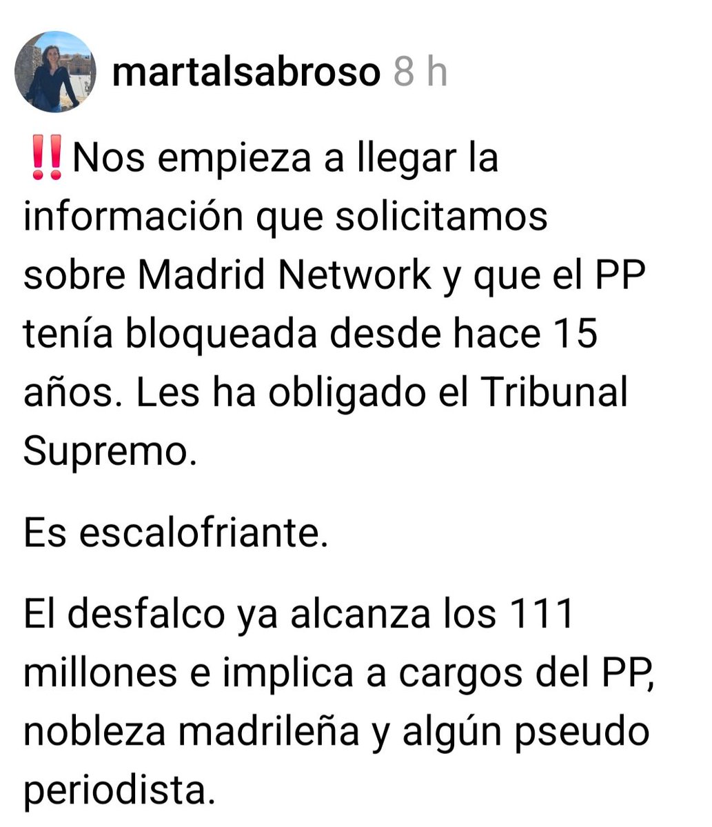 ManuelGmezHoyo1's tweet image. ULTIMA HORA DE LA TARDE.
El mas grave delito de CORRUPCION del gobierno de Ayuso , puesto al descubierto.
PD.- @NunezFeijoo y @Mtelladof convocan una manifestacion por la corrupcion del ... ¿ ?