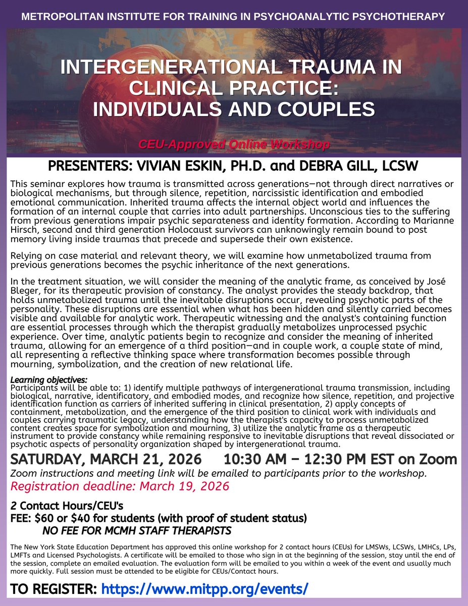 MITPP's tweet photo. MITPP Online Workshop CEUs 3/21/26: INTERGENERATIONAL TRAUMA IN CLINICAL PRACTICE: INDIVIDUALS AND COUPLES - https://t.co/3TEU3eZAgS https://t.co/IswYezBtvX