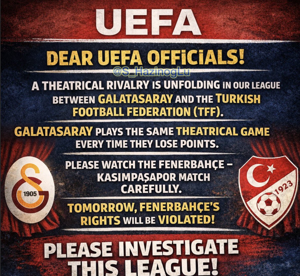 UEFA’yı etiketleyelim sizlere zahmet.. 

Sayın UEFA Yetkilileri! <a href="/UEFA/">UEFA</a> 

Ligimizde Galatasaray ile Türkiye Futbol Federasyonu (TFF) arasında tiyatrovari bir rekabet yaşanıyor.

Galatasaray, puan kaybettiği her seferinde aynı tiyatrovari oyunu oynuyor.

Lütfen Fenerbahçe -