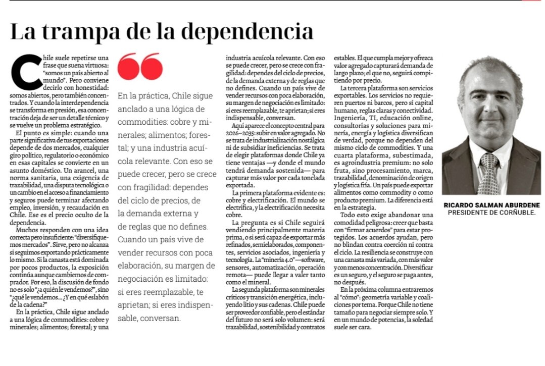 Si seguimos exportando principalmente commodities, seguiremos negociando desde la fragilidad.
El desafío es claro: más valor agregado, menos concentración.
Hoy en La Discusión: La trampa de la dependencia
#Chile #Economía #Competitividad