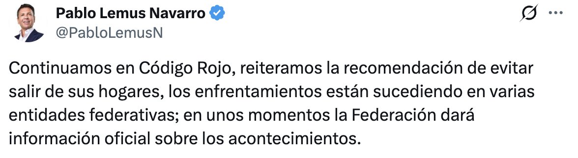 El gobernador de Jalisco, Pablo Lemus, reitera a la población evitar salir de sus hogares debido a que se mantienen los enfrentamientos en el estado.

Adelanta que la Federación dará información oficial sobre los acontecimientos.

Esto tras reportarse la muerte de Nemesio