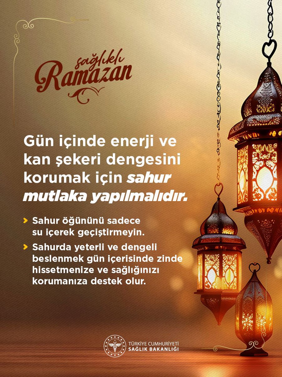 Gün içinde enerji ve kan şekeri dengesini korumak için sahur mutlaka yapılmalıdır.

#SağlıklıRamazan