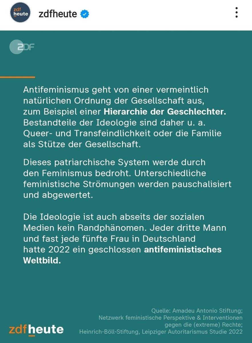 Wer die Familie als Stütze der Gesellschaft sieht, hat laut <a href="/ZDFheute/">ZDFheute</a> eine antifeministische Ideologie. Fast jede fünfte Frau in Deutschland hatte 2022 ein geschlossen antifeministisches Weltbild. #OerrBlog