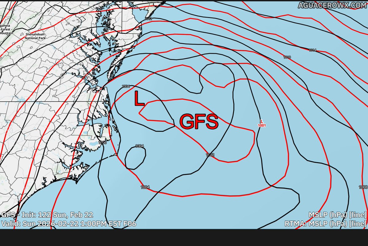 This is why <a href="/aguacerowx/">aguacero</a> is so good. We can directly compare the mesoscale analysis to models. 

Both the GFS and the NAM have the Low-pressure development too far east by 50-100 miles.

How that will impact downstream remains to be seen. But I would be careful with this east bump