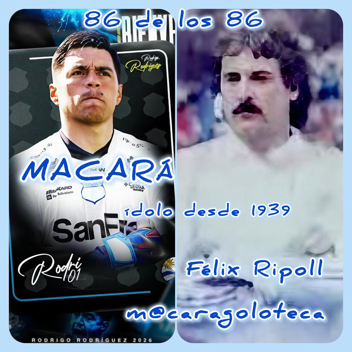 de mi m@caragoloteca 
Arqueros uruguayos en el arco celeste de Macará 
Ha pasado 39 a,2 m y 6 días  en la Cocha Latacunga, que otro arquero Uruguayo  en el arco celeste de Macará,
Félix Ever Ripoll
1981-1982-1985-1986 -1987 
2026 Rodrigo Rodríguez  vibras positivas
#pechescalante