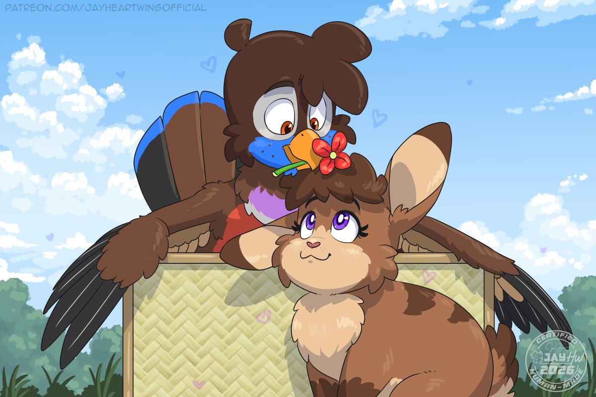 A flower for you, my fluffy darling ^^

Another 2026 art remake for my old Jay &amp; Ria drawing