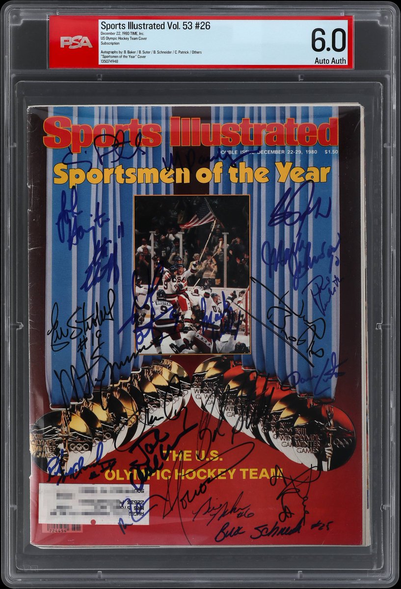 As USA 🇺🇸 and Canada 🇨🇦 battle for Olympic gold, we’re reminded of 1980’s “Miracle on Ice.”

Dec. 22, 1980 Sports Illustrated team-signed cover — 22 autos incl. Brooks, Eruzione &amp; Craig.

PSA 6.0 | PSA/DNA

Pop 1 — None Higher

Lone signed subscription copy in PSA Census.

Bid
