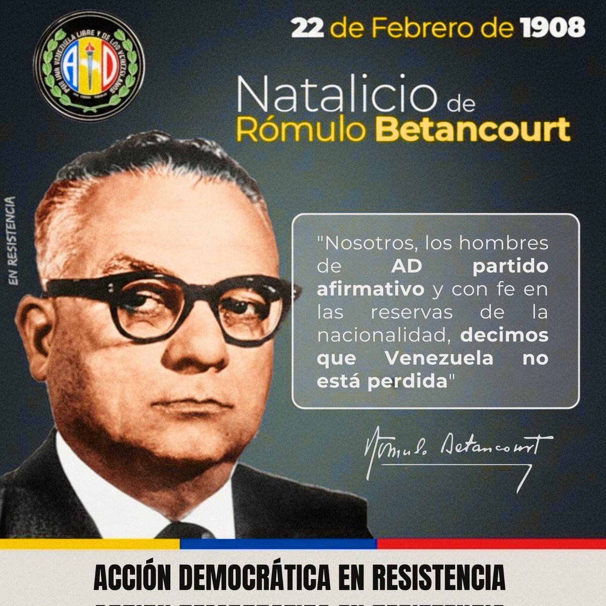 Con esperanza acciondemocratista conmemoramos el 118° aniversario del natalicio de nuestro insigne fundador y compañero, Rómulo Betancourt. El hombre que sembró la democracia en el ADN venezolano, logrando en su momento la democratización y modernización del país.
#Rómulo118
