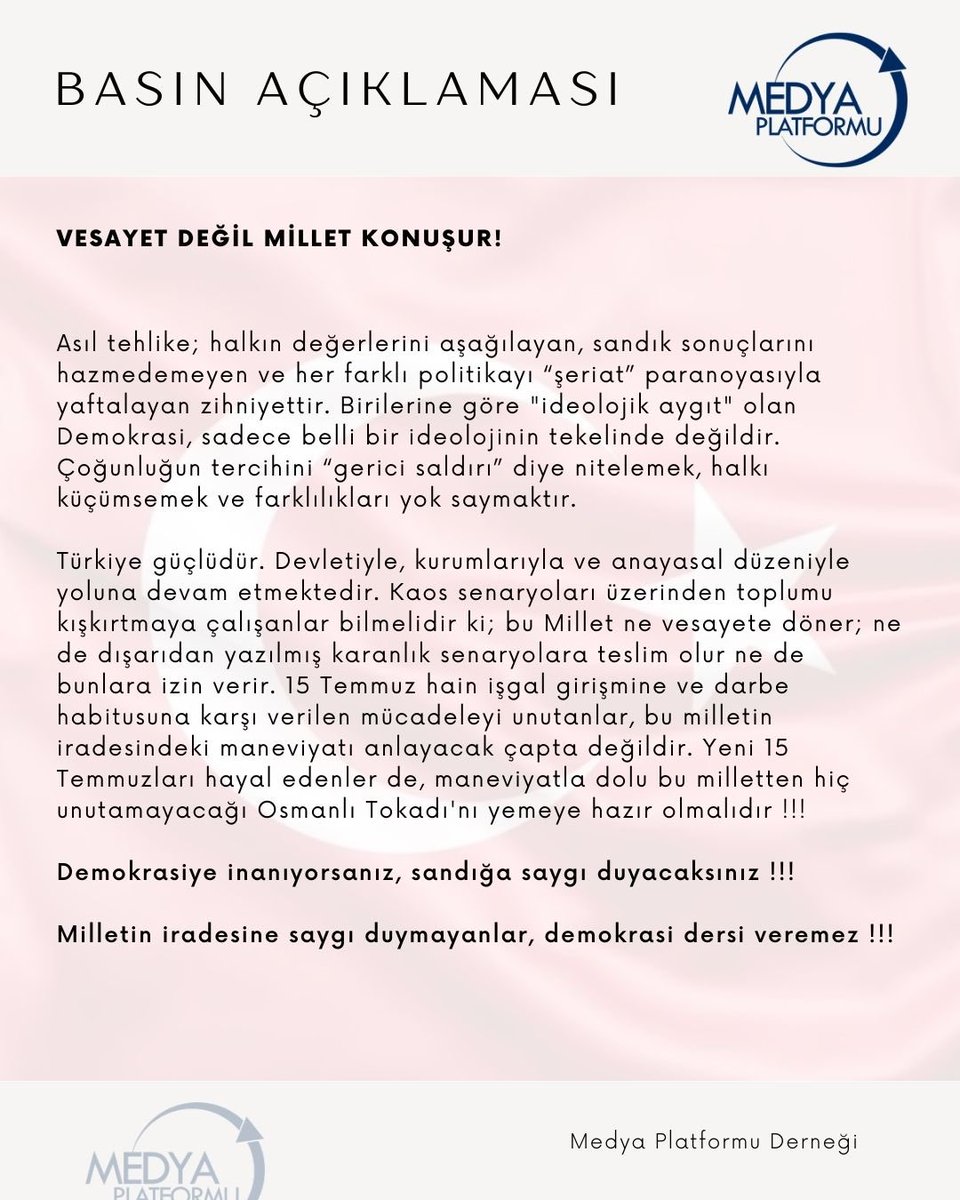 Vesayet değil millet konuşur!

Türkiye’yi “Talibanlaştırma” yaftasıyla suçlayanlar, aslında milletin iradesini aşağılamakta ve halkın değerlerini hedef almaktadır !!!