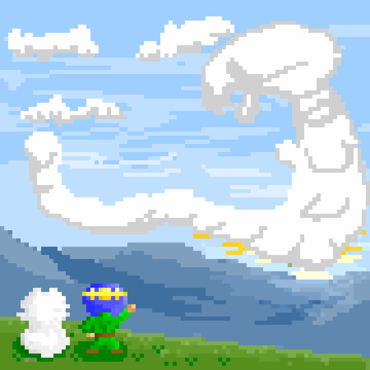 acaciadot77's tweet image. 週始め、シルエットクイズで今週もよろしくお願いします🌤️…雲に隠されているキャラクター名は？  

「あの雲、なんとなくあのゲームのキャラに似てない？ほら、かつてR-9に立ちはだかったバイド帝国の…」 

お気軽にコメントおねがいします🎵
 #ドット絵 #pixelart