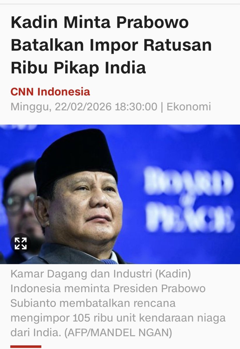 Suara Kadin sudah keluar! 🚨 Pembatalan impor 105rb unit mobil India bukan cuma soal dagang, tapi soal menyelamatkan NASIB BURUH &amp; INDUSTRI NASIONAL yang lagi lesu. Pak <a href="/prabowo/">Prabowo Subianto</a>, saatnya dengarkan dunia usaha dalam negeri, bukan pemburu rente impor! 🇮🇩🔥 

.