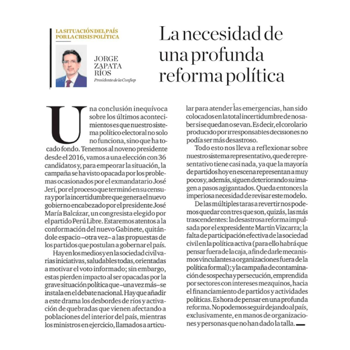 El país no puede seguir perdiendo tiempo. Hay emergencias que atender.

Mientras peruanos afectados por desbordes de ríos, quebradas activadas y vías interrumpidas esperan respuestas concretas, la crisis política aumenta la incertidumbre.

En su artículo, Jorge Zapata Ríos,