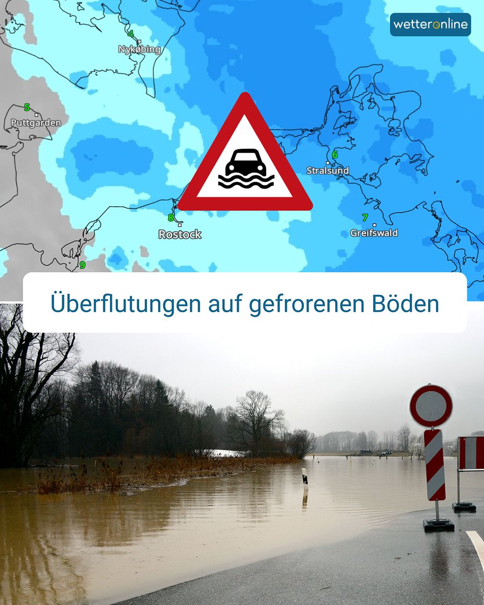 WetterOnline's tweet image. Tauwetter und Regen sorgen im Kreis Rostock für Überflutungen 🌧️❄️ Straßen, Wiesen und Felder stehen unter Wasser, weil der gefrorene Boden das Wasser nicht aufnehmen kann. 
Mehr Infos im Link.

to.wetteronline.de/folgen-des-fro… 

#Hochwasser #Tauwetter #MecklenburgVorpommern #Wetter