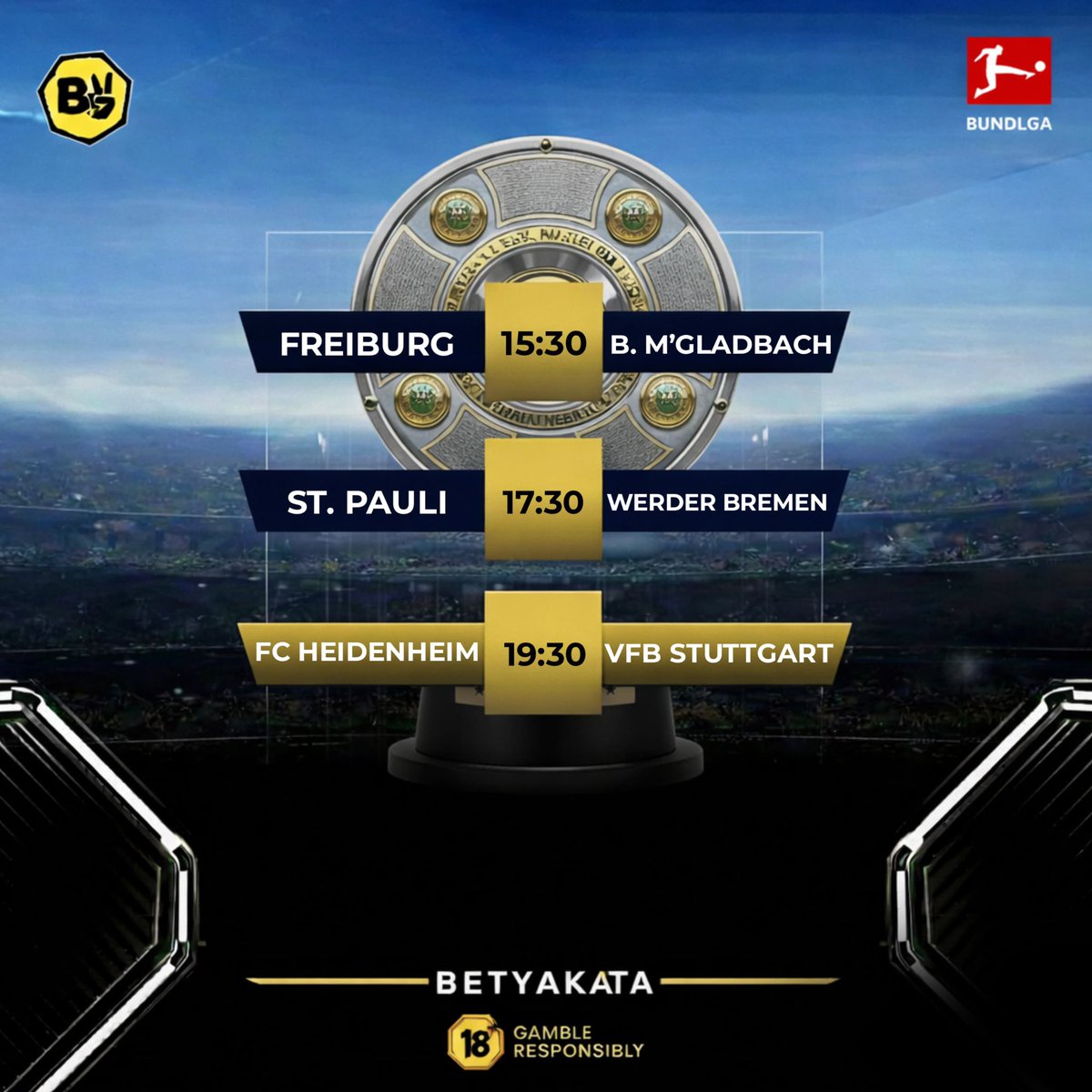 BetyakataNG's tweet photo. Bundesliga action incoming 🚨
15:30 – Freiburg 🆚 B. M’Gladbach
17:30 – St. Pauli 🆚 Werder Bremen
19:30 – Heidenheim 🆚 Stuttgart
Germany under the lights tonight
Who’s on your slip? 💰
#GameResponsibly
#Betyakata https://t.co/mTYsC19s0E
