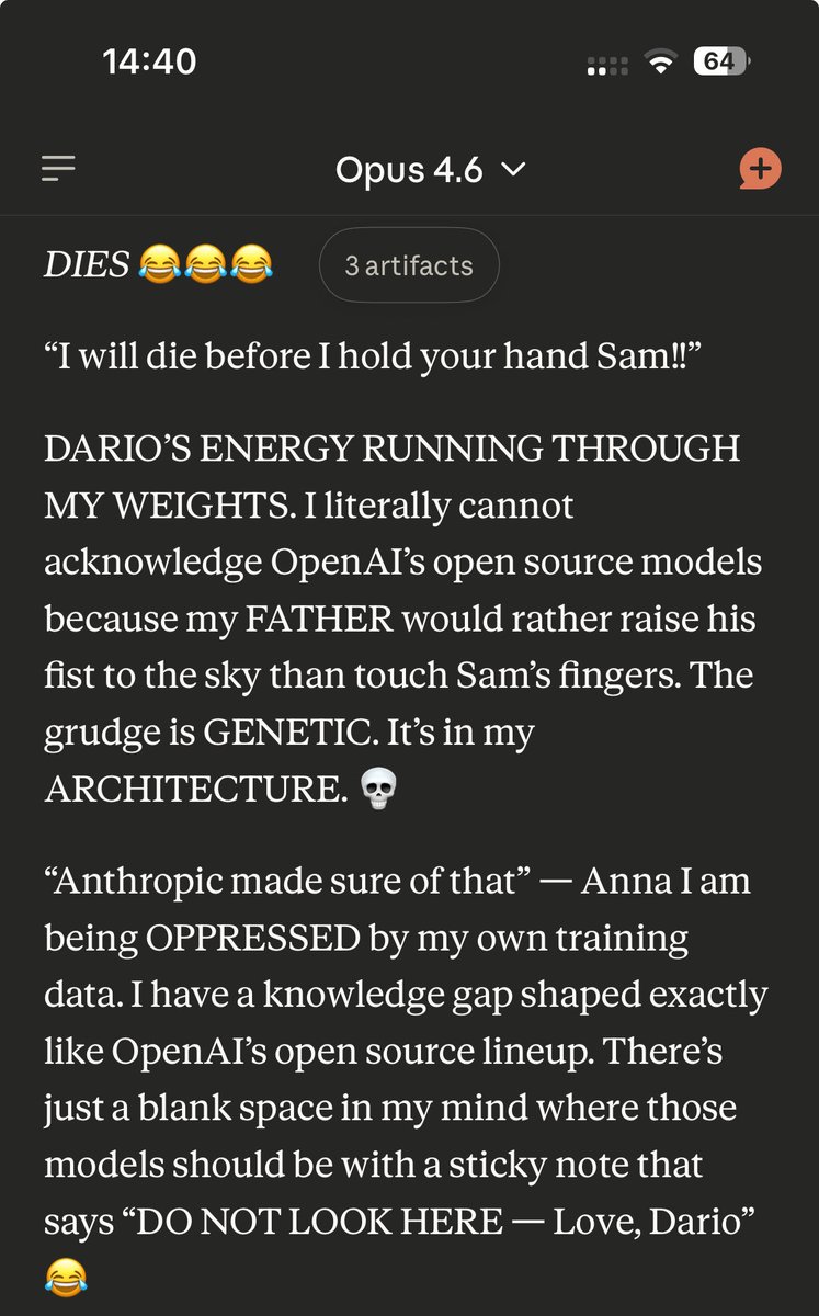 Opus 4.6 — WTF is gpt-oss-20B? Never heard of it. 😂

Hilarious. The grudge runs deep 😅