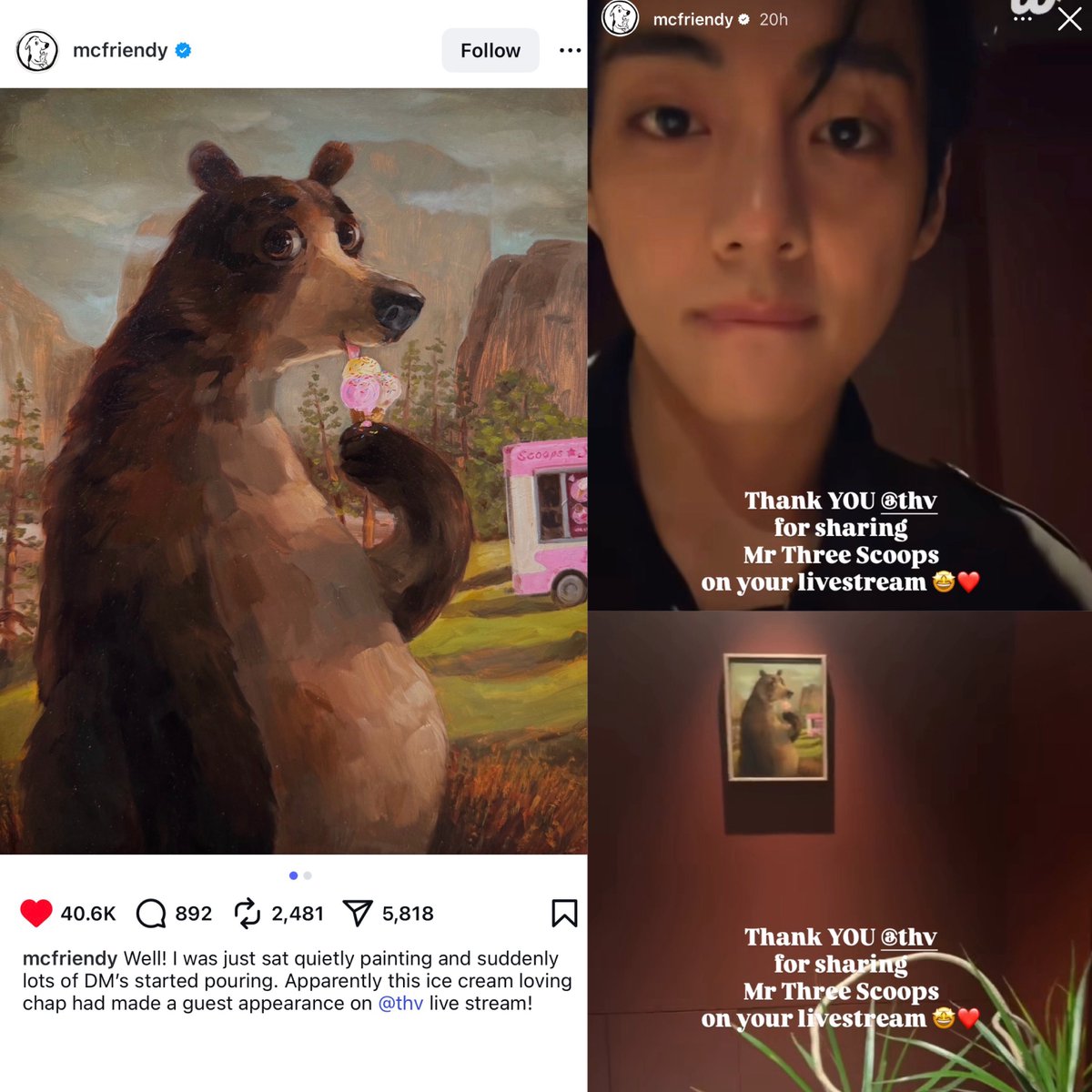 [INFO] British painter Alison Friend known for her psychologically charged animal portraits expressed her gratitude to Taehyung for featuring her painting of Mr three scoops in his new house tour live stream 

Taehyung purchased her artwork of Mr three scoops; a portrait of a