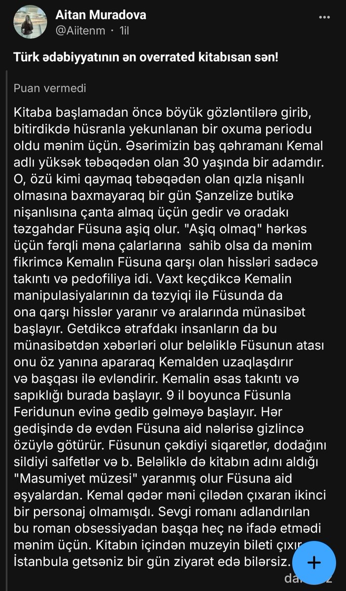 Devilbutcallme1's tweet photo. kakraz bu aralar serialı çıxmışken 1 il önce kitab haqda yazdığım şerhi oxuyun (1000kitap profilime gözleyirem!!)  #masumiyetmuzesi https://t.co/LqqNV0vxYK