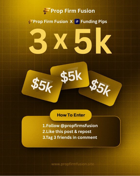 🚀 3 x $5000 Challenge Giveaway! 🎁
In partnership with <a href="/fundingpips/">FundingPips</a> ✨

How to enter:
- Follow <a href="/propfirmsfusion/">Prop Firm Fusion</a> | <a href="/avikkfp/">Avikk</a> | <a href="/fundingpips/">FundingPips</a> 

- Like , Repost &amp; tag 3 trader friends 

- Join discord discord.gg/8VJfxfCht

Winners in 72 hours 🏆

Don’t miss—join now!🔥
