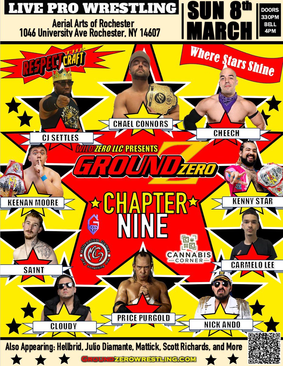 Ground_Zero585's tweet photo. TWO WEEKS AWAY

Connors v LSG
Hellbrid v Everett
Settles v Cheech
St⭐️rburst v Primetime
High Seas v Fallout Theory 
Purgold v C-Lo

📅 Sunday March 8th
📍 1046 University Ave 
🚪 3:30 PM
🔔 4:00 PM

🎟 https://t.co/tqLfRPxGrt

#GroundZero #RespectTheCraft #RochesterNY #Wrestling https://t.co/TZMbiq0aTJ