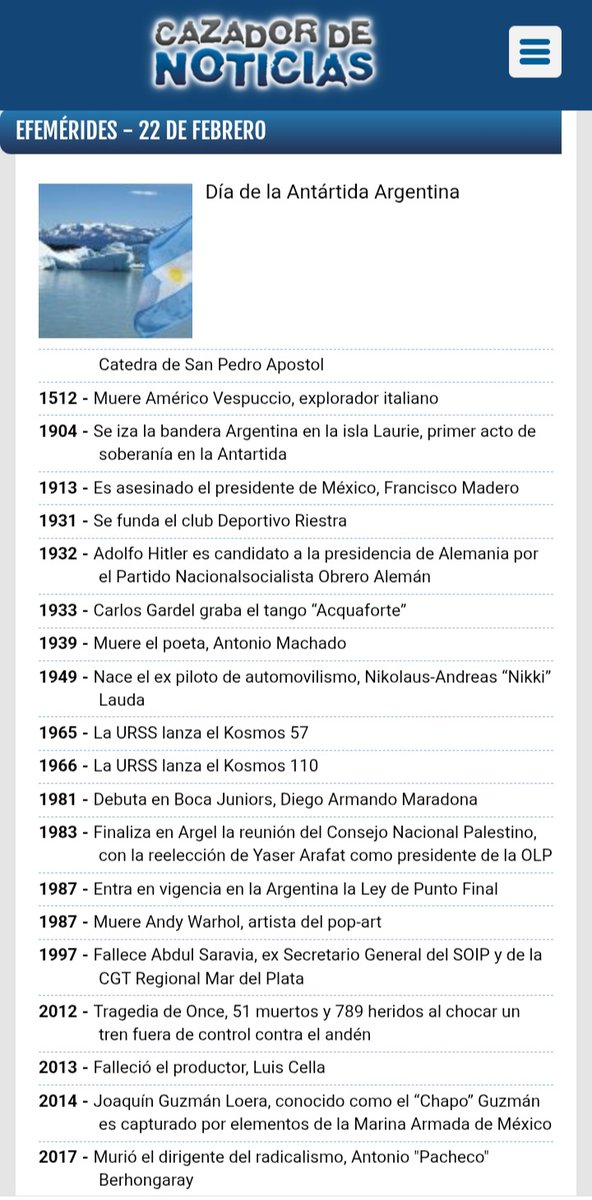 Efemérides del 22 de febrero
cazadordenoticias.com.ar