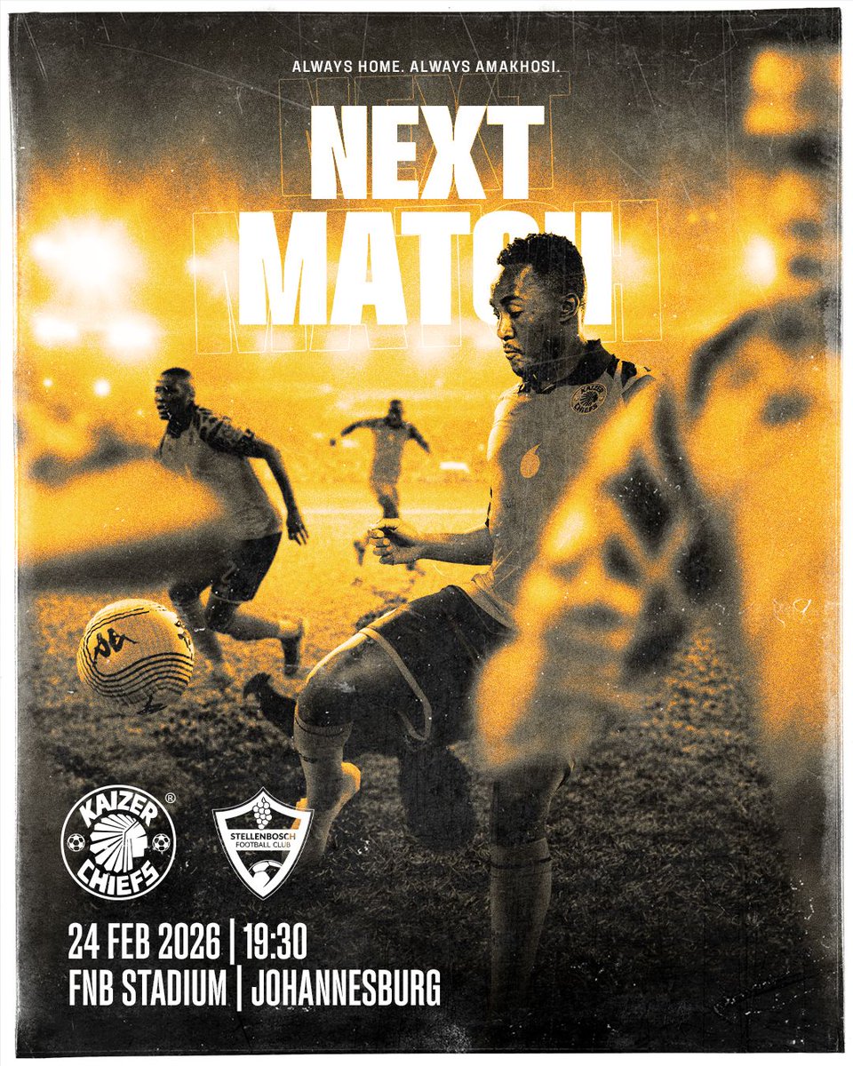 Next Kaizer Chiefs Match!

🏆#BetwayPrem
⚽️Kaizer Chiefs vs. Stellenbosch FC
👕First Team
🗓️Tuesday 24 February 2026
🏟FNB Stadium 
🕞19h30
📺SuperSport 202
🎟R60, Computicket, Shoprite, My Ticket: kaizerchiefs.com/kc-tickets
👨‍👨‍👦Family Zone
🚗Toyota Zone

#Amakhosi4Life #AlwaysHome