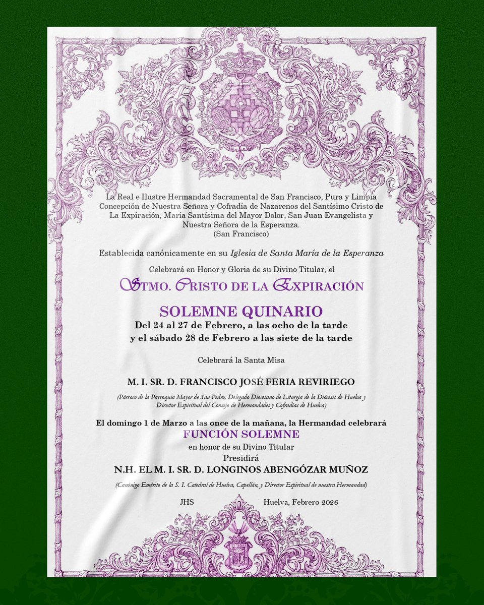 CULTOS | Convocatoria al 𝑺𝑶𝑳𝑬𝑴𝑵𝑬 𝑸𝑼𝑰𝑵𝑨𝑹𝑰𝑶 en honor del Santísimo Cristo de la Expiración.

✅ Eucaristías del quinario, del 24 al 27 de febrero⏰ 20.00 h.
✅28 de febrero⏰ 19.00 h.

✅ Función Solemne, domingo, el 1 de marzo⏰11.00 h.

📍Sta. María de la Esperanza