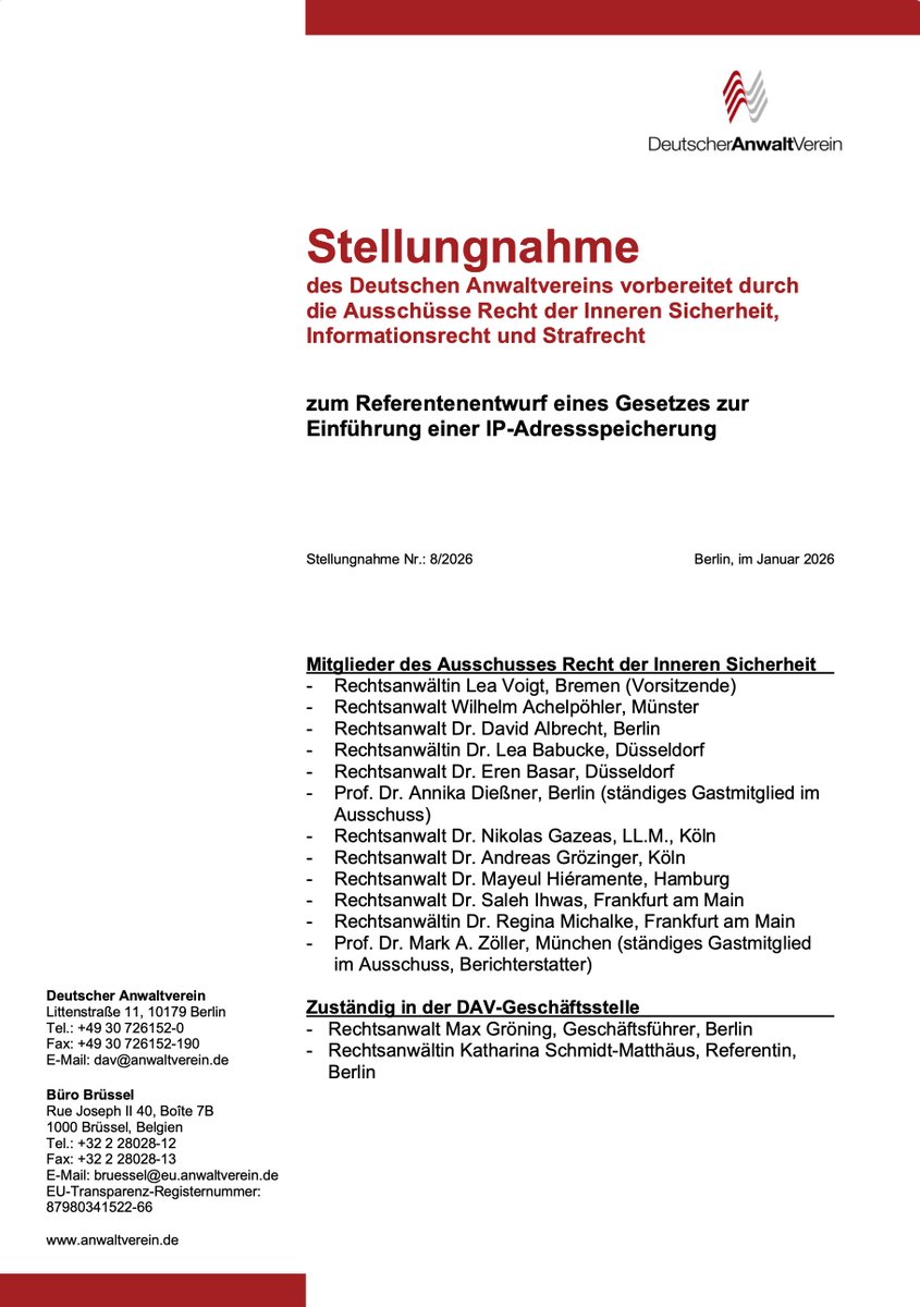 IP-Adressenspeicherung + „Quick Freeze“ = massive Absenkung der Eingriffsschwellen in §§ 100g ff. StPO. 
Lesehinweis: DAV Stellungnahme 8/2026, t1p.de/a69l5

#Strafverteidigung #Vorratsdatenspeicherung #QuickFreeze #Grundrechte