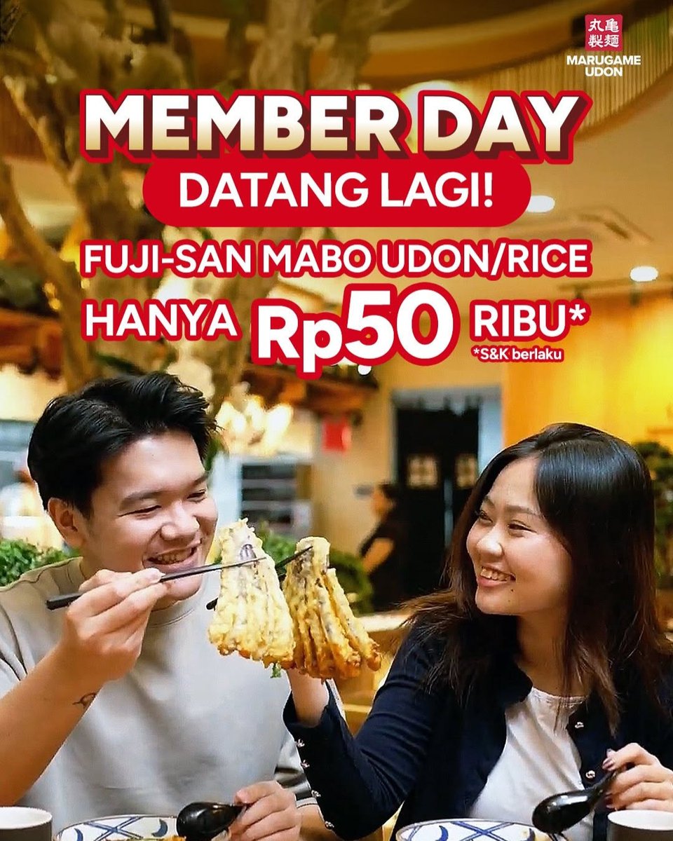 katalogpromosi's tweet photo. Member Day Marugame Udon Balik lagi
Fuji-san series cuma 50.000 🍜 Bebas Pilih Mabo Udon atau Nasu Mabo Rice
Hanya 2 hari, 23–24 Februari 2026
Detail lengkapnya ada di sini 👉 https://t.co/LpPZmXK4Ha
#MemberDay #MarugameUdon #PromoKuliner https://t.co/oAC0IF7Us9