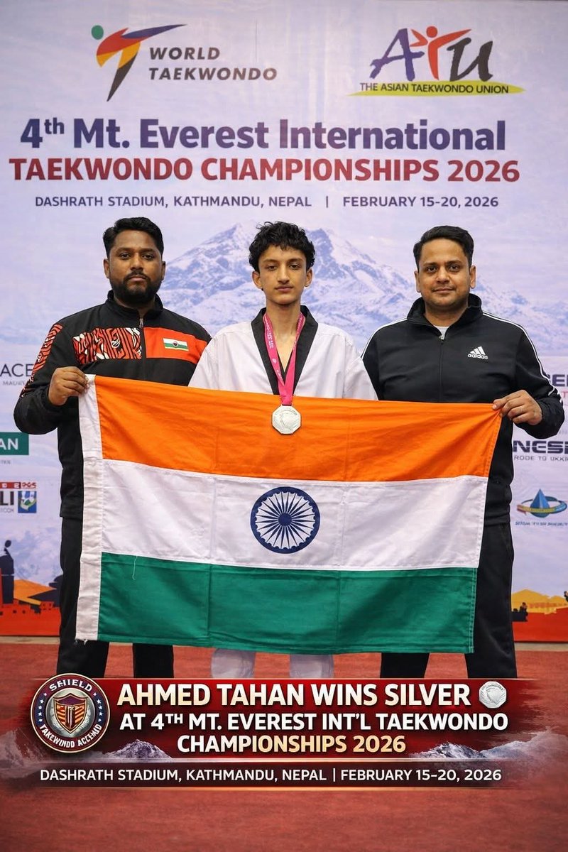 _shieldtkd_'s tweet photo. Congratulations to the entire Taekwondo family! Ahmed Tahan has won a Silver Medal at the 4th Mount Everest International Taekwondo Championships 2026 in Kathmandu, Nepal, in the Junior Boys Under-48 kg category. 🥈🔥 https://t.co/Vj3CmLYdLP